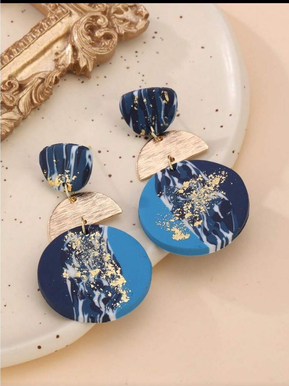 Navy & Sky Blue Marbled Gold Fleck Drop Earrings